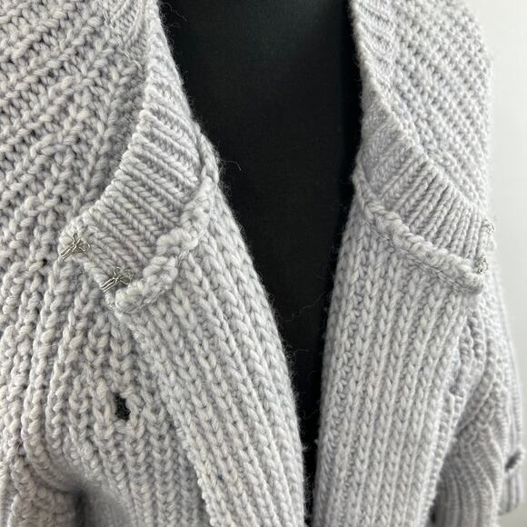 TRINA TURK Light Grey Thick Chunky Knit Ribbed Wool Blend Cardigan Sweater L - Picture 5 of 9